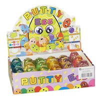 6cm egg containing mini dinosaur in putty goo.  Stretch it, string it, bounce it, colour mix it  and blow it.  6 assorted in display box of 24.  Age 3+.