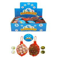 Net bag contains 20 assorted marbles and a large shooter marble. Display box of 24.  Age 3+.