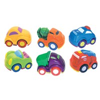 10cm chunky, lightweight cartoon-style vehicles  with freewheeling action.  Safe and durable.  6  Assorted.  Age 18m+.
