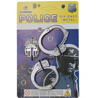 Die cast metal handcuffs and hook-on police badge.  The safe way to detain those criminals - no key  required!  Age 3+.