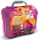 Trolls Travel Set. High Quality Plastic Case;  includes 10 coloured pencils, 1 inked washable non  toxic pad, 5 wood and rubber stamps, 1 activity  book and 64 puzzle stickers. Age 3+