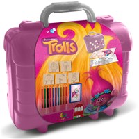 Trolls Travel Set. High Quality Plastic Case;  includes 10 coloured pencils, 1 inked washable non  toxic pad, 5 wood and rubber stamps, 1 activity  book and 64 puzzle stickers. Age 3+