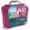 Shimmer & Shine Travel Set. High Quality Plastic  Case; includes 10 coloured pencils, 1 inked  washable non toxic pad, 5 wood and rubber stamps,  1 activity book and 64 puzzle stickers. Age 3+