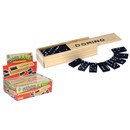 15cm long wooden slide top box containing  dominoes and instructions.  Display box of 24.