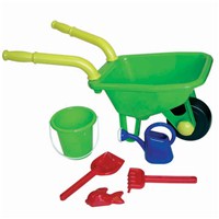 70cm plastic wheelbarrow with moving wheel and  easy assembly handles.  Comes with bucket,  watering can, rake, shovel and sand mould.  2  Assorted colours.