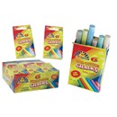 Packet contains 6 x 8cm sticks of non-toxic, low  dust chalk in a variety of colours.  Display box  of 36 packets.  Age 3+.