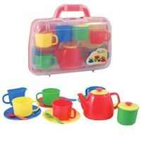 Plastic tea set consists of 4 cups, saucers and  teaspoons, a teapot, creamer and sugar bowl with  lid.  All presented in 19cm x 24cm plastic carry  case.  Age 3+.