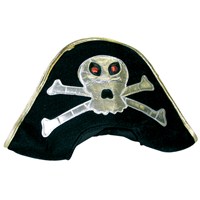 Velour finish Napoleon style pirate hat with  appliqued silver skull and crossbones, and gold  trim.  One size fits all.