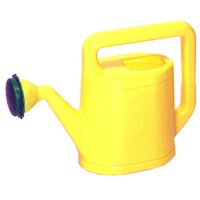 Assorted coloured 16cm plastic watering can with  flower shaped spout.