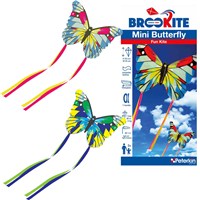 Brookite Mini Butterfly Kite made from polyester riptstop with fibreglass struts. Single line with 1 handle. For use in a light-moderate breeze (Bf 2-4). Dimensions (H) 49cm x  (W) 88cm. Recommended Age 3+
