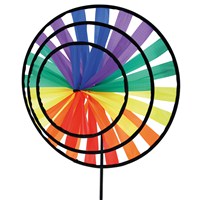 3 Rainbow coloured wheels measuring 21, 28 and  38cm diameter that rotate in the lightest of  breezes.  Place in the ground using the stake  provided, or fix to a wall or fence. Age 3+