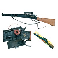 64cm plastic side loading rifle with scope and  carry strap.  Takes 100 shot paper caps (not  included).  Age 3+.