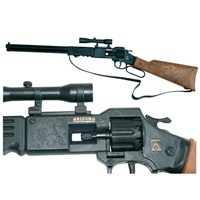 Plastic rifle with scope, wood effect handle and  carrystrap.  For use with 8 shot ring caps.  Length 25" (63cm). Age 3+.