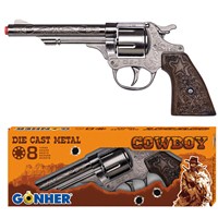 20.5cm Die cast metal cowboy style gun with  western detailing and wood effect plastic butt.  use with 8 shot caps.  Boxed.  Age 3+.