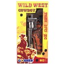 20.5cm Diecast metal cowboy gun with western style  detailing and wood effect plastic butt for use  with 8 shot caps.  Set includes leather effect  holster with cowboy detail.  Boxed.  Age 3+.