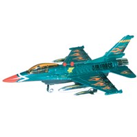19cm diecast jet with pull back and go action  wheels.  Includes take off and gunfire sounds.  Age 3+.