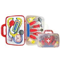 19cm x 24cm plastic carry case containing a  variety of medical instruments including  stethoscope and syringe.  Age 3+.