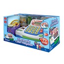 24cm cash register with working calculator and  cash drawer.  Credit card swipe and scanner with  supermarket sounds.  Includes play coins,  shopping basket, grocery items and credit card. Age 3+.