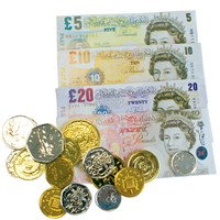 Realistic sterling play money coins and notes in  Â£5, 10, 20 and 50 denominations.  Age 3+.