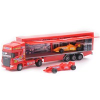 Large free wheeling Transporter Truck with racing cars. With moving parts, also diecast metal and plastic parts. Age 3+.