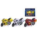 1:12 Scale emergency services motorbike with siren  sounds.  18cm length free wheeling with moving  parts.  Boxed with 'Try Me' function.  Diecast  metal and plastic parts.  3 Assorted - police,  fire and paramedic.  Age 3+.