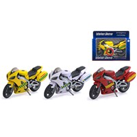 1:12 Scale emergency services motorbike with siren  sounds.  18cm length free wheeling with moving  parts.  Boxed with 'Try Me' function.  Diecast  metal and plastic parts.  3 Assorted - police,  fire and paramedic.  Age 3+.