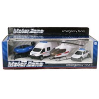 Set of 4 free wheeling emergency vehicles  including helicopter and rescue boat.  Diecast  metal and plastic parts. Age 3+.