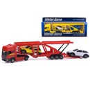 1:48 Scale free wheeling twin level car  transporter with detachable trailer and 2 cars.  Diecast metal and plastic parts.  Length 32cm.  4  Assorted colours.  Age 3+.