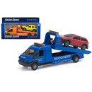 1:48 Scale recovery truck with working lift, winch  and car.  Diecast metal and plastic parts.  Length  22cm.  Assorted colours.  Age 3+.