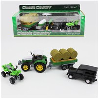 Highly detailed tractor with detachable trailer,  quad bike and 4 x 4 vehicle, all with freewheel  action.  Age 3+.