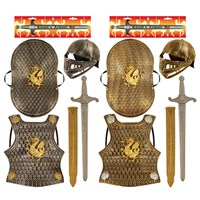 set includes breast plate, shield, helmet  with visor and sword. Breast plate 37 x  29cm.  Age 3+.