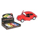12.5cm diecast metal classic beetle with pull  back and go action, and opening doors and bonnet.   1:32 scale.  4 assorted colours in display box  of 12.  Age 3+.