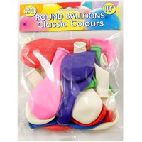 Pack of 20 standard 10" round balloons in classic  colours.  Age 3+.