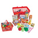 25cm shopping basket containing over 40 assorted  boxes and plastic foods and plastic cutlery.  Age  3+.