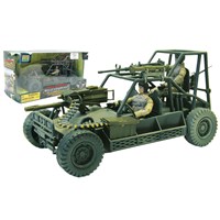 24cm military buggy with 2 fully articulated  figures (9.53cm) and weapons.  1:18 scale.  Age  3+.