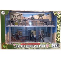 22cm x 44cm Battle Command Post includes briefing  room and look-out.  Comes with military vehicles,  fully articulated figures (9.53cm) and  accessories. 1:18 scale.  Age 3+.