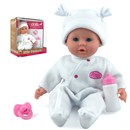 With a soft body that is just perfect for cuddles and hugs, Little Treasure is the perfect first doll for younger children. With baby blue eyes and a beautiful face, this 38cm (15") dolly has a bean filled bum that ensures Little Treasure sits up when required - and when it's time for a nap, the eyes close when you lay your baby down to sleep. The dolly is supplied with a deluxe removeable white romper suit and matching hat, plus a bottle and dummy - so everything you need to ensure a delightful  role play experience. Age 18m+