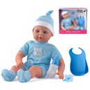 46cm (18") real tears crying baby with sleeping  eyes, deluxe outfit, hat, two piece bottle, bib  and dummy.  Age 3+.