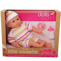30cm (12") deluxe soft bodied baby doll with  sleeping eyes and outfit and 16 real baby sounds!  Set includes dummy and bottle. Age 12m+.