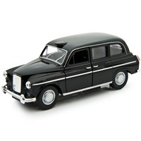 Open Diecast Black Cab with pull back and go  feature. Length 12cm