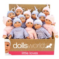 25cm (10") soft bodied doll with sleeping eyes and  outfit - 2 assorted.  Display box of 12. Age 10m+.