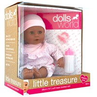 38cm (15") baby girl doll with bean  filled bum, deluxe romper, hat, bottle and dummy.  Age 18m+.