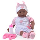 46cm (18") soft bodied doll with vinyl limbs,  sleeping eyes and deluxe outfit.  Includes bottle,  dummy and feeding set.  Age 18m+.