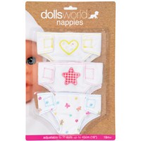 Pack of 3 pretty fabric nappies with velcro  fastenings.  Fits dolls up to 46cm (18").  Age  18m+.