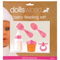 Dolls feeding set includes magic milk bottle and  juice beaker, fork, spoon and rattle.  Age 18m+.