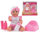 25cm (10") drink 'n' wet doll with outfit,  matching hat, potty, 2 piece drinking bottle and  lotion bottles.  Age 18m+.