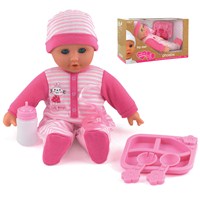 30cm (12”) interactive soft bodied doll with sleeping eyes, press her tummy for 16 real baby sounds, includes dummy, bottle, bowl, fork and spoon. 18m+