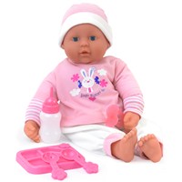46cm (18") deluxe soft bodied doll with vinyl  hands and feet, and sleeping eyes.  Press her  hands, feet and tummy for 21 real baby sounds.  Includes dummy, bottle and feeding set.  Age 18m+.