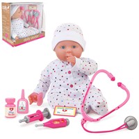 46cm (18") deluxe soft bodied doll with sleeping  eyes.  Includes dummy, doctor's name badge, eye  drop bottle, tablet bottle and doctor's  instruments.  Age 3+.