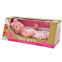 25cm (10") beautiful Baby Grace comes in a pretty babygro and hat. Fully bathable doll  with removable clothing. Length 25cm.